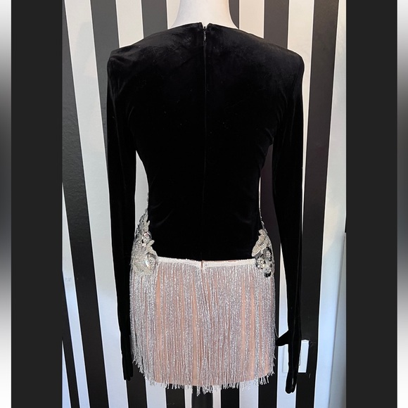 Black Velvet Deep V Gloved Sequin and Fringe Embellished Mini Dress - NWT - Picture 3 of 5